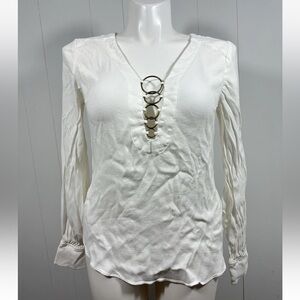 Free People Womens Sz L White Solid Long Sleeve Tunic Blouse Shirt Top Rayon